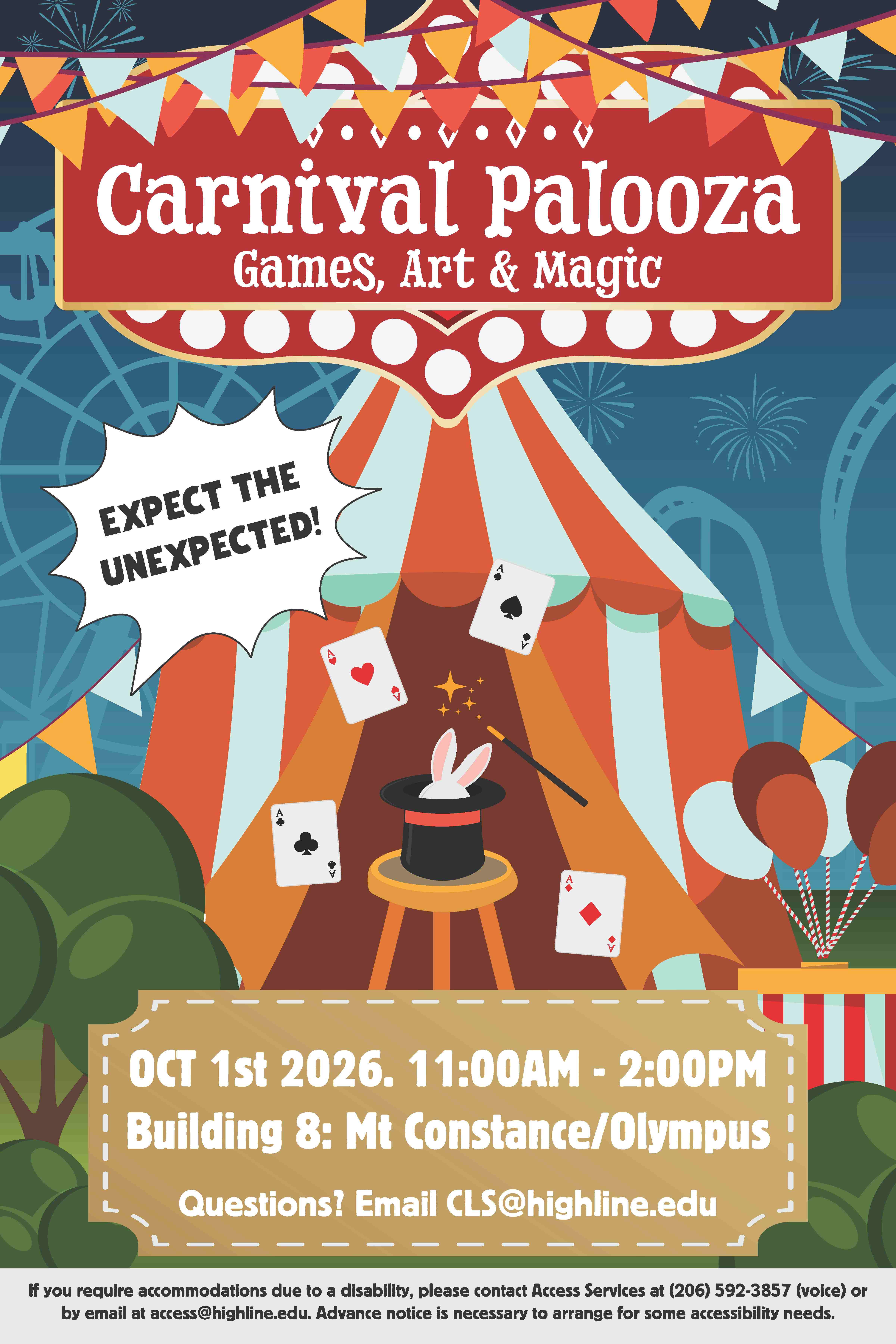 Event flyer with carnival theme elements.
