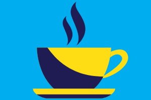 Illustrated yellow and navy coffee mug with steam rising on a bright blue background