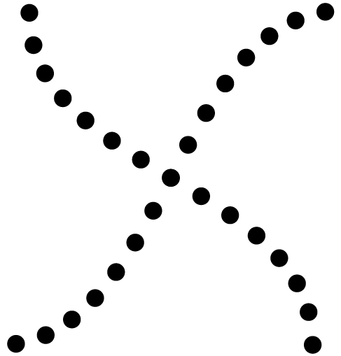 Two intersecting curved lines of dots