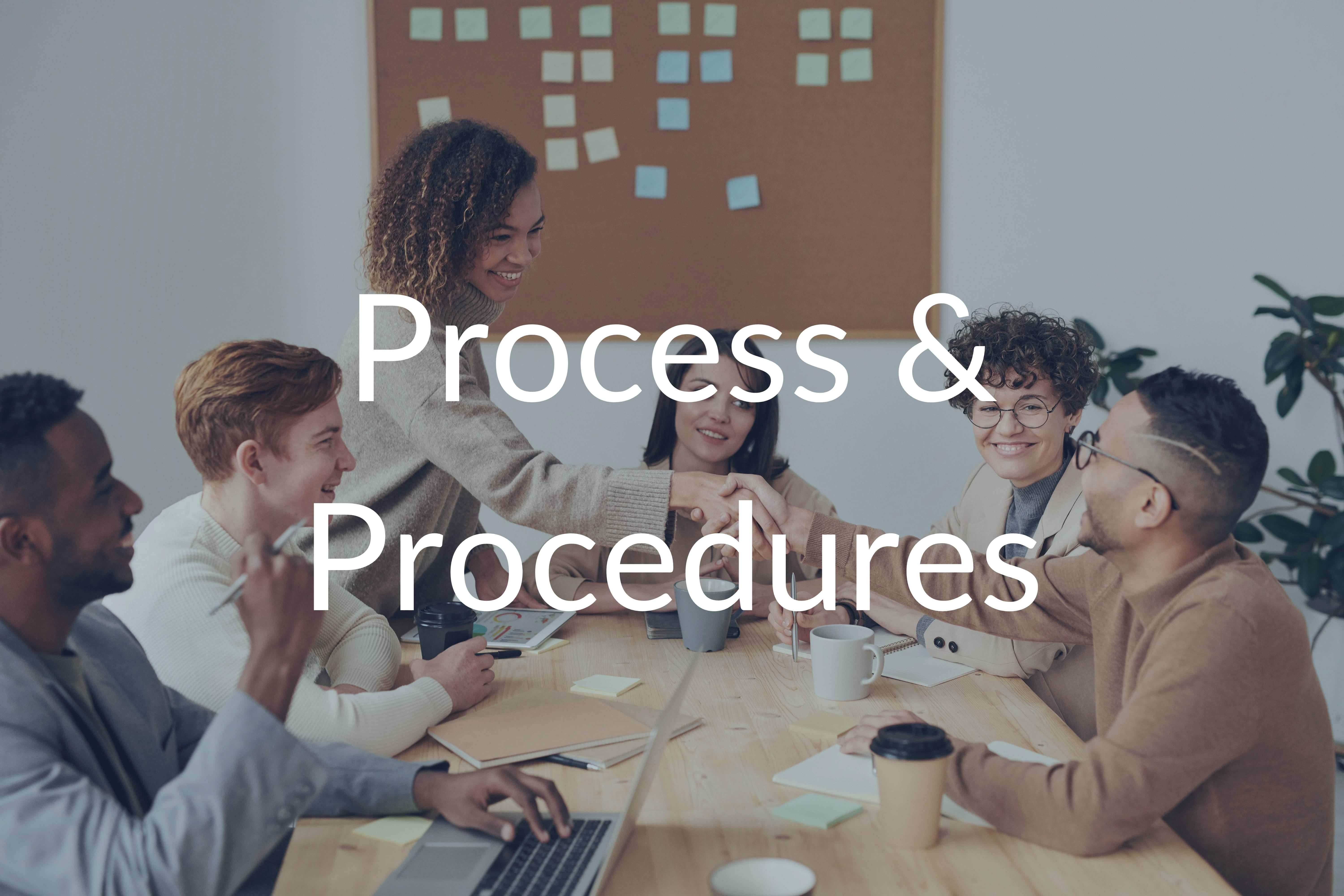 People sitting at a desk. Includes words Process and Procedures.